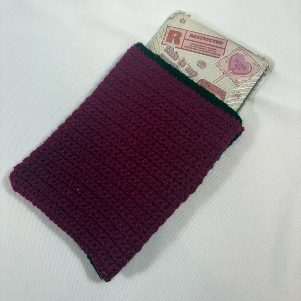 Handmade Crocheted Kindle Sleeve in Deep Berry with Dark Trim